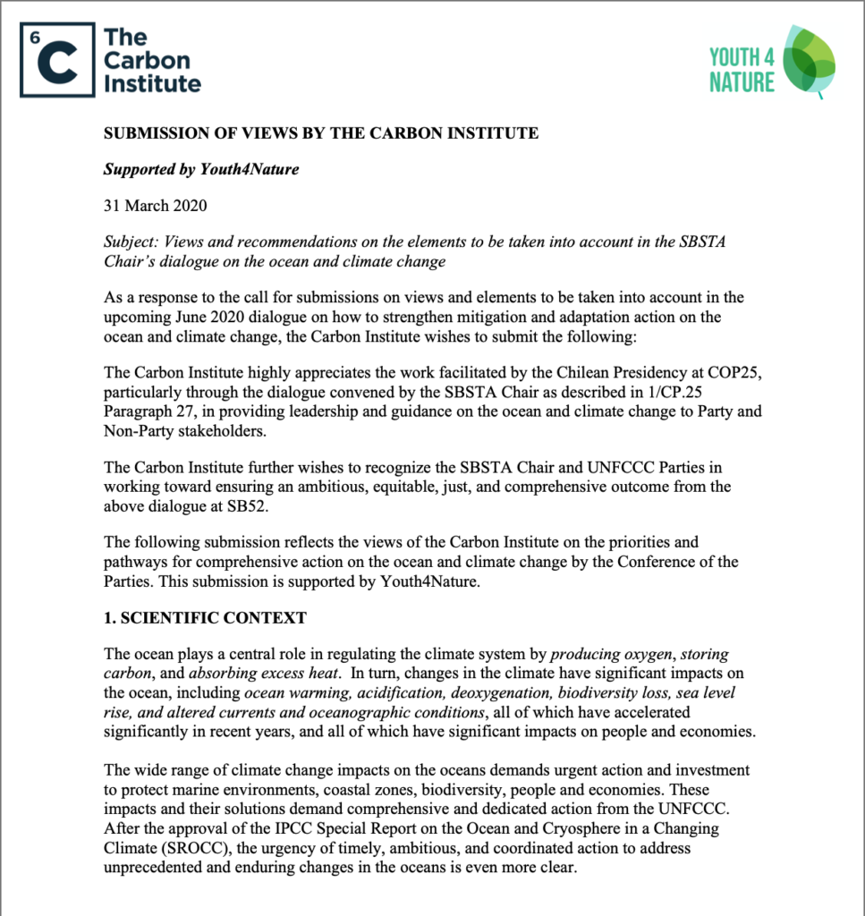 Carbon Institute submission of views on the SBSTA Chair's dialogue on oceans and climate change